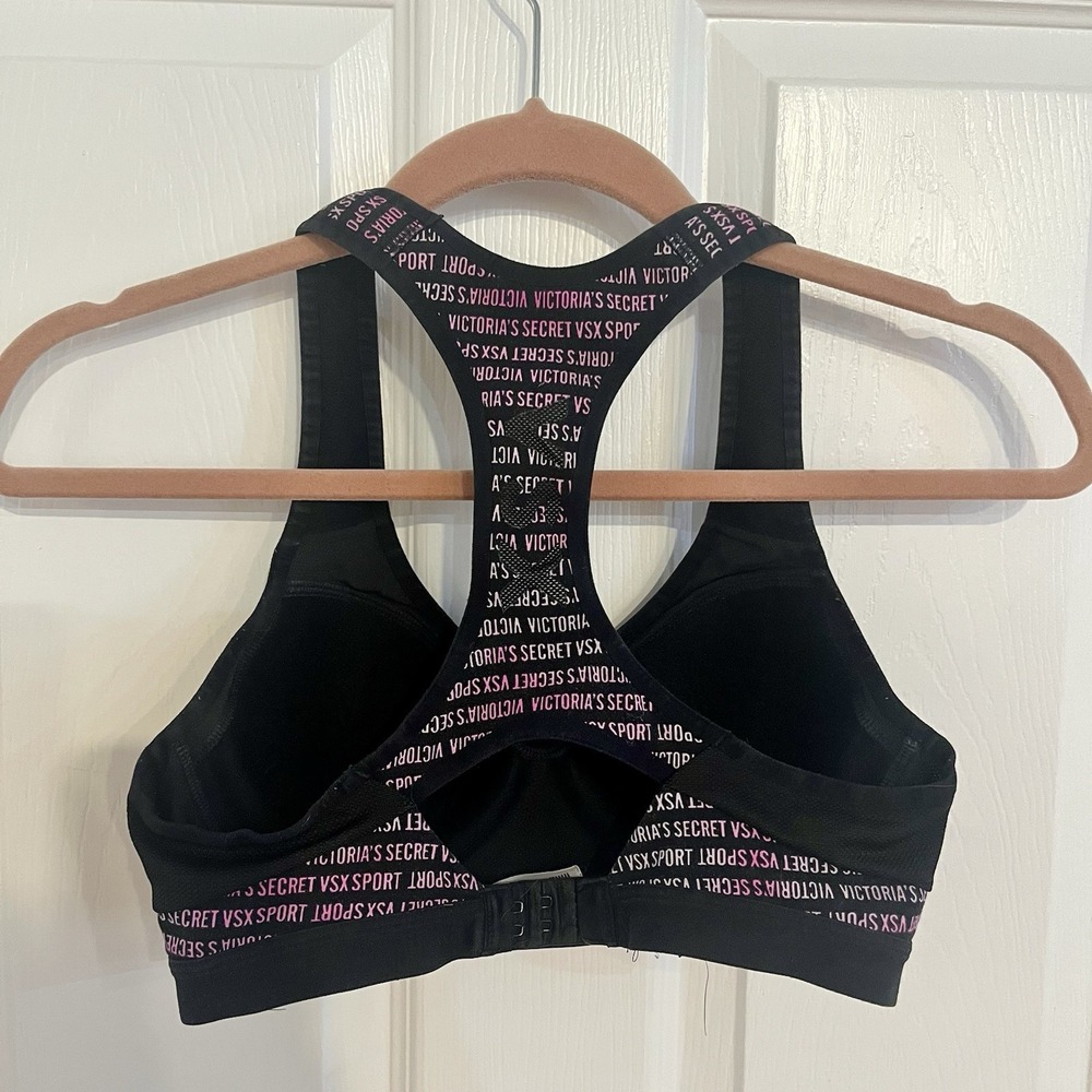 Victoria's Secret VSX Sports Bra 32B Black Pink Logo Athletic Racerback Workout - Picture 4 of 14